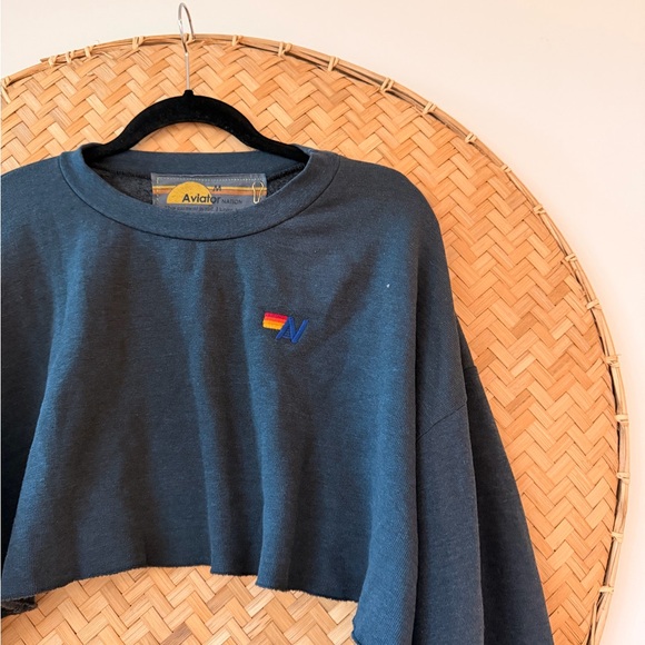 AVIATOR NATION UNISEX RUGBY STITCH CROPPED CREW SWEATSHIRT RELAXED CHARCOAL NEON - Picture 8 of 10